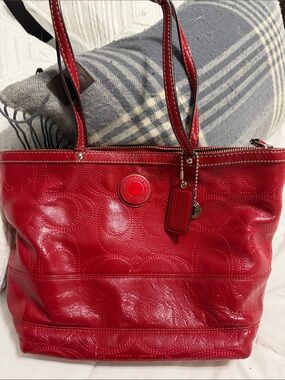Coach Red Leather Embossed Tote with Signature Patch